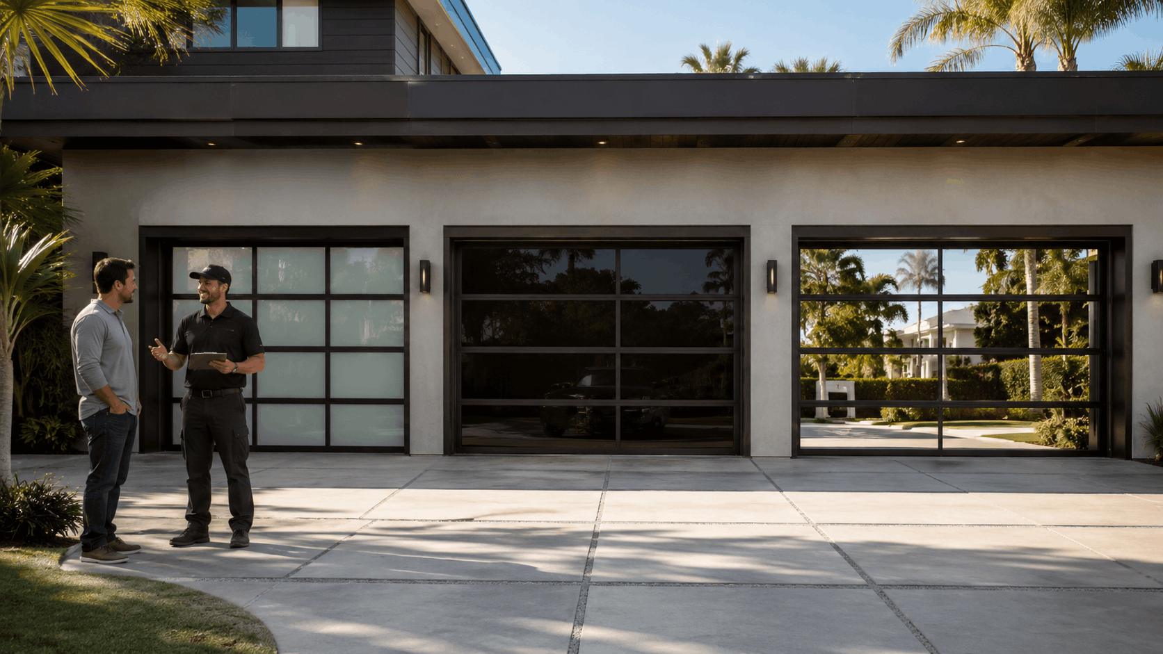 Garage door technician consulting homeowner about tinted glass garage doors Irvine