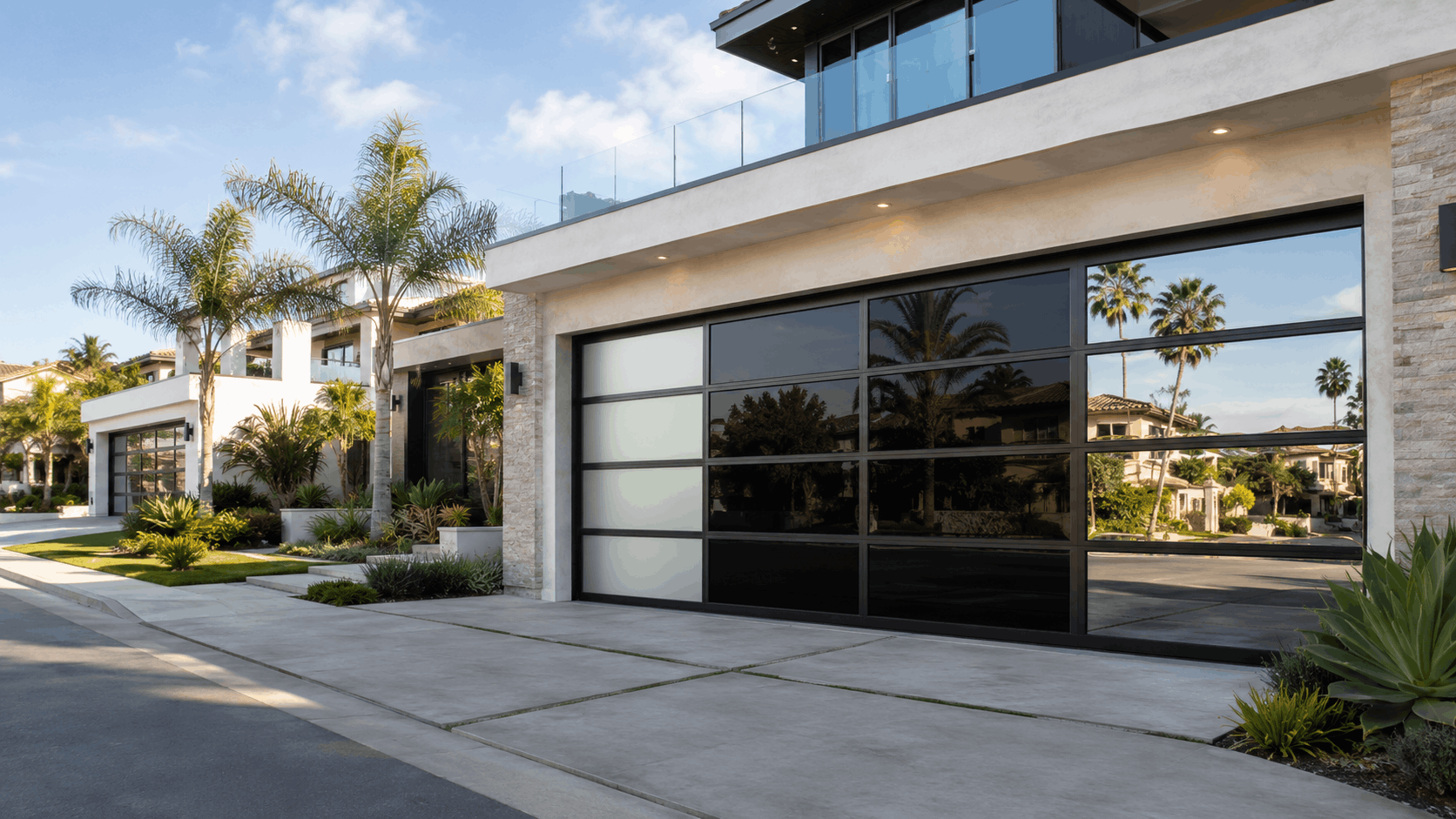 Modern Irvine home with frosted and tinted mirrored glass panel garage doors
