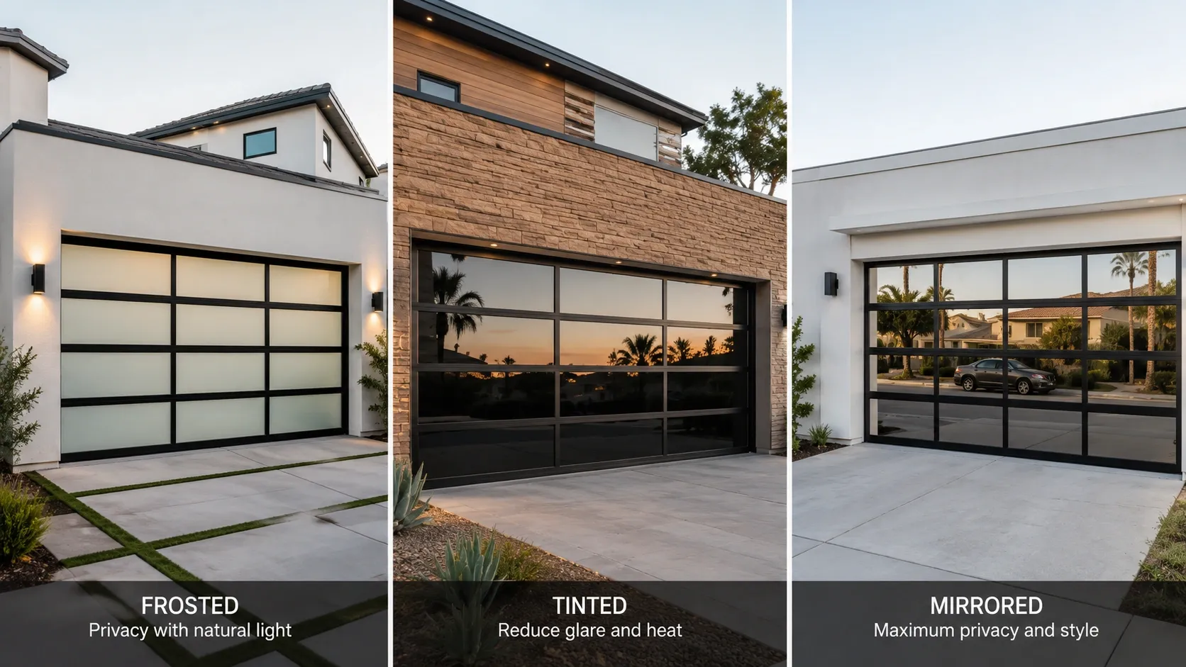 Three modern glass garage door styles: frosted, tinted, and mirrored panels on Irvine homes