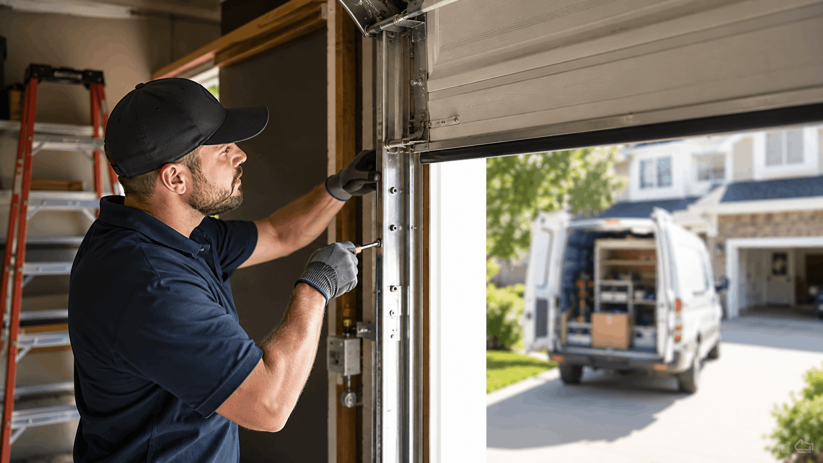 Garage door technician repairing track and hardware components in Irvine home