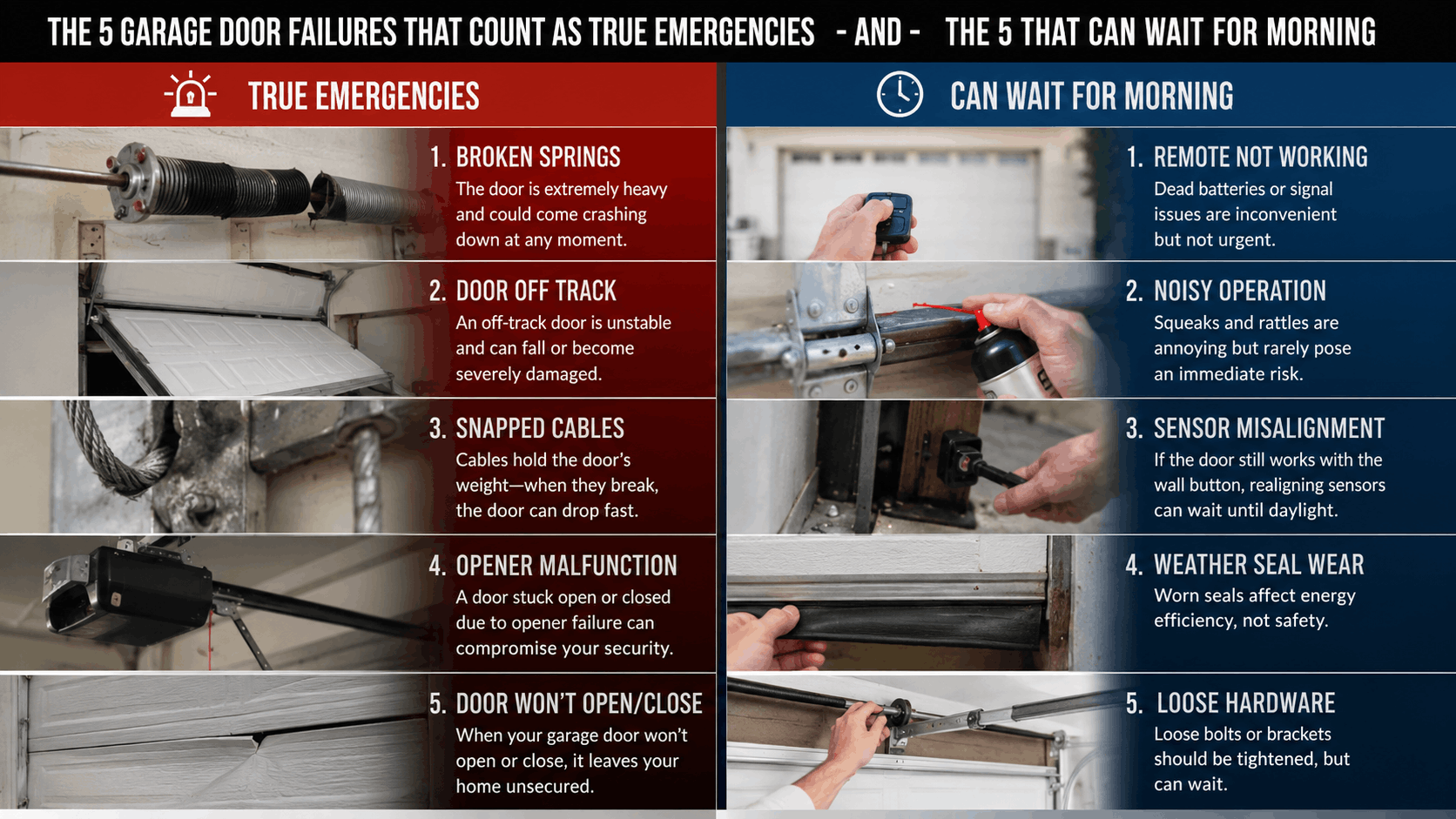 Infographic comparing 5 garage door emergencies versus 5 non-urgent issues including stuck doors