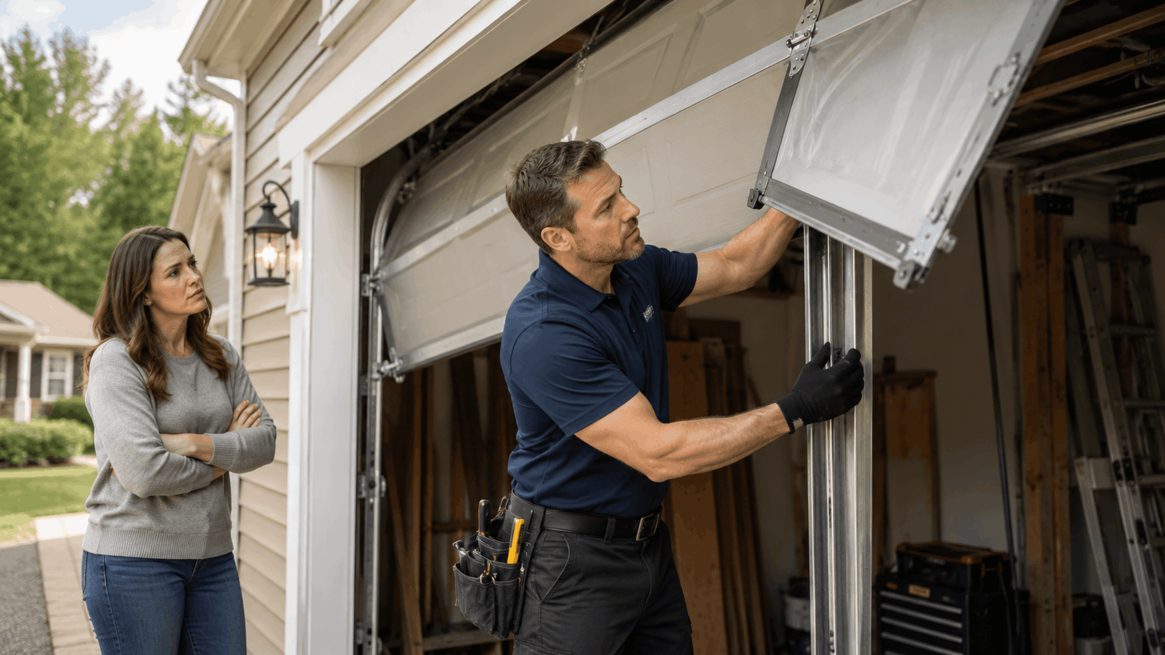 Garage door technician inspecting broken cable track while homeowner watches in Irvine