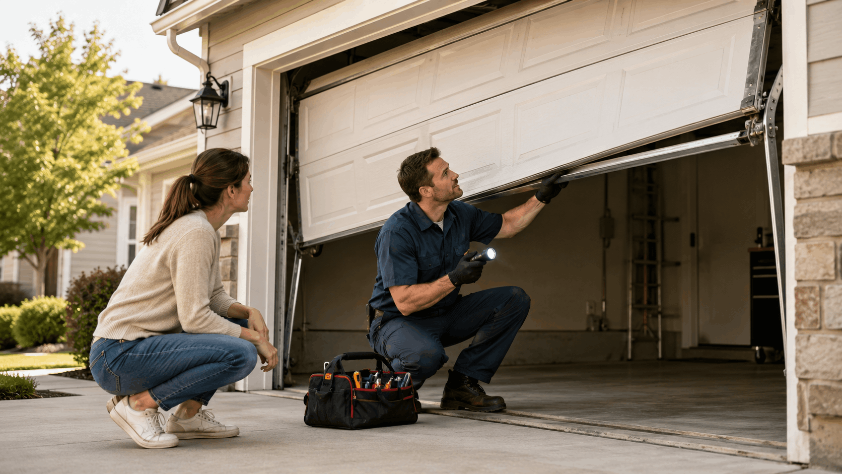 Garage door technician inspecting stuck door with flashlight while homeowner watches