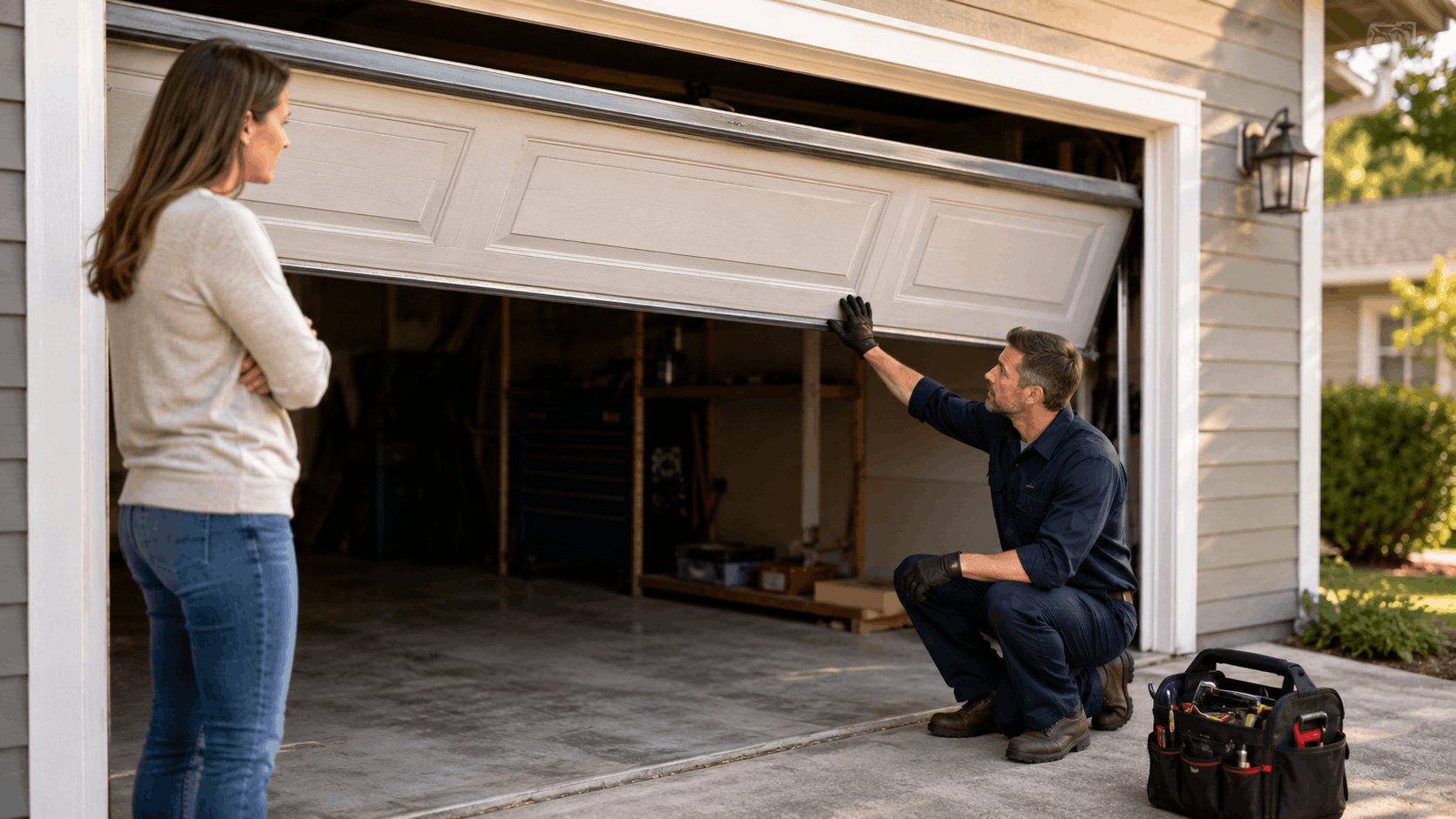 Garage door technician repairing malfunctioning door while Irvine homeowner watches nearby