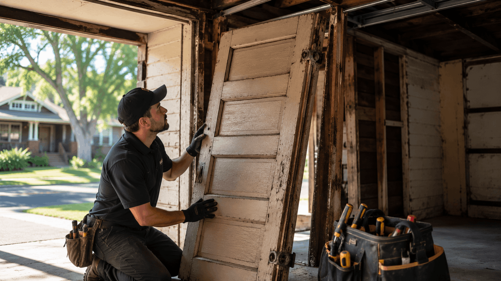 Technician removing old wooden garage door panels during replacement service in Anaheim home