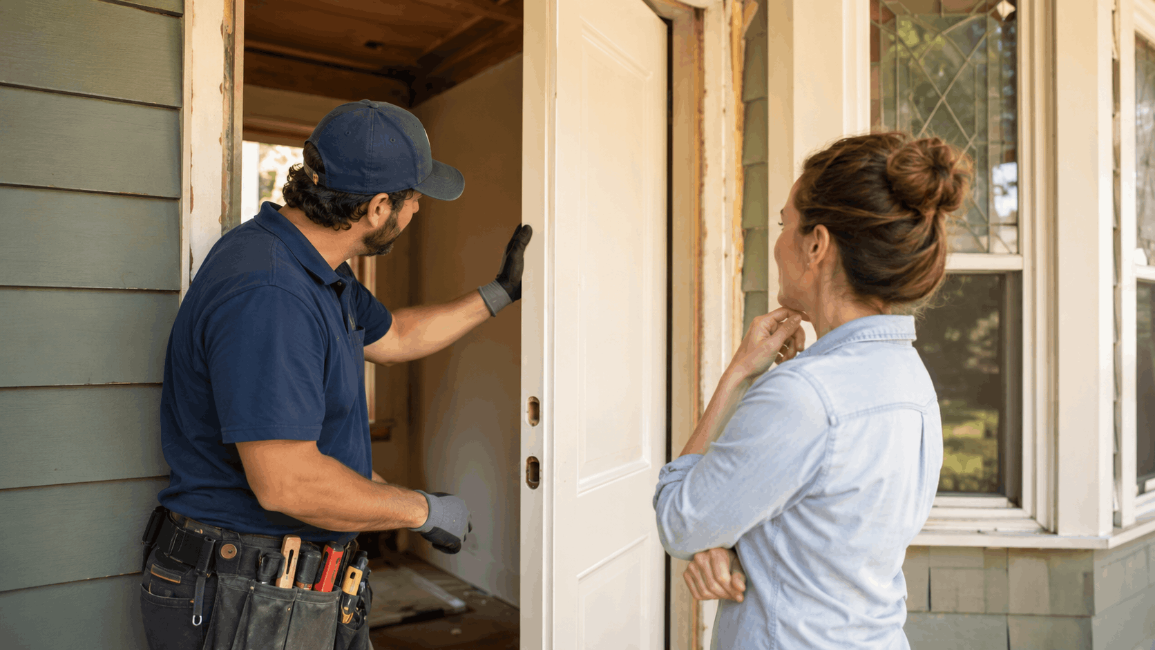 Contractor inspecting old door frame with homeowner observing renovation damage