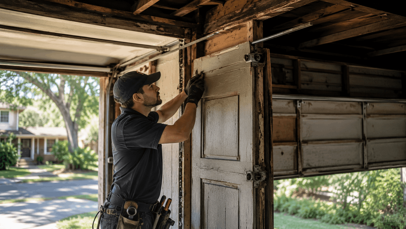 Garage door technician repairing weathered old wooden garage door panels in Irvine