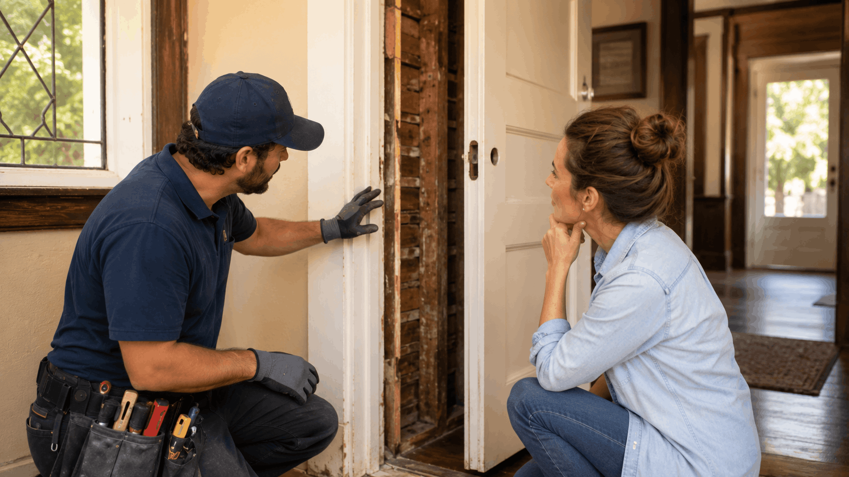 Technician inspecting aging door frame damage with concerned homeowner crouching nearby