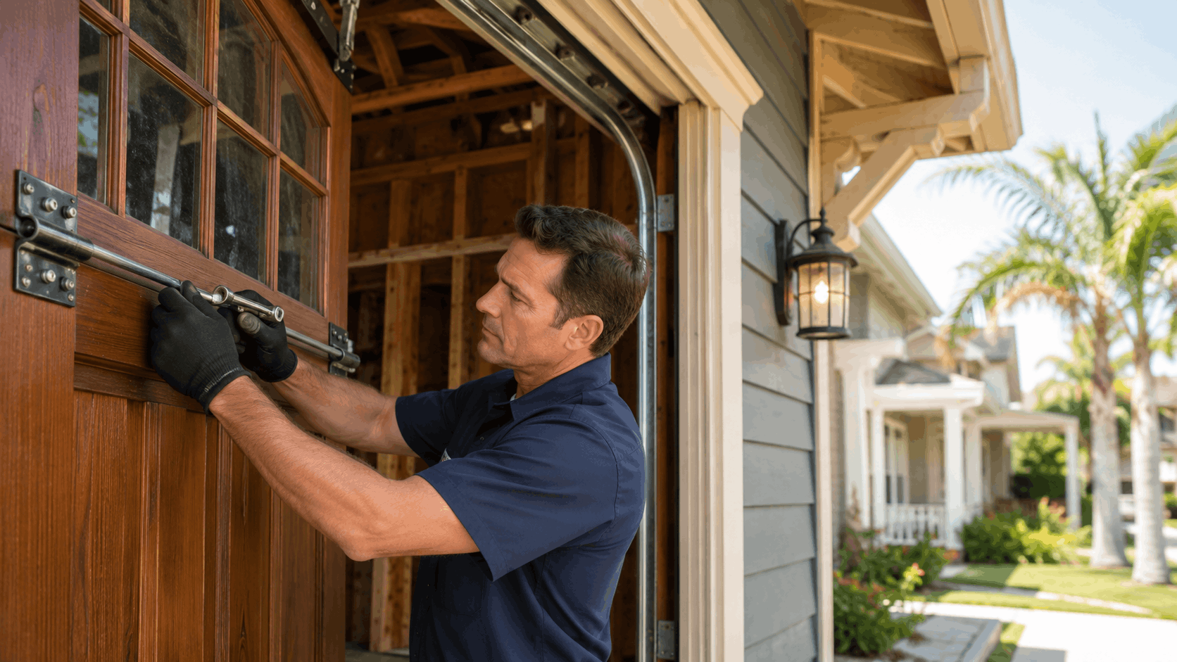 Garage door technician in blue shirt repairing wooden garage door in Irvine neighborhood