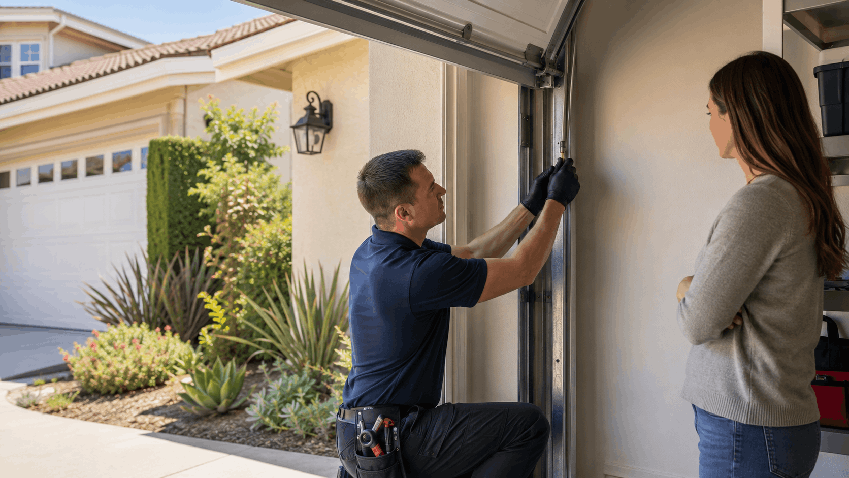 Garage door technician repairing track while Aliso Viejo homeowner observes the service