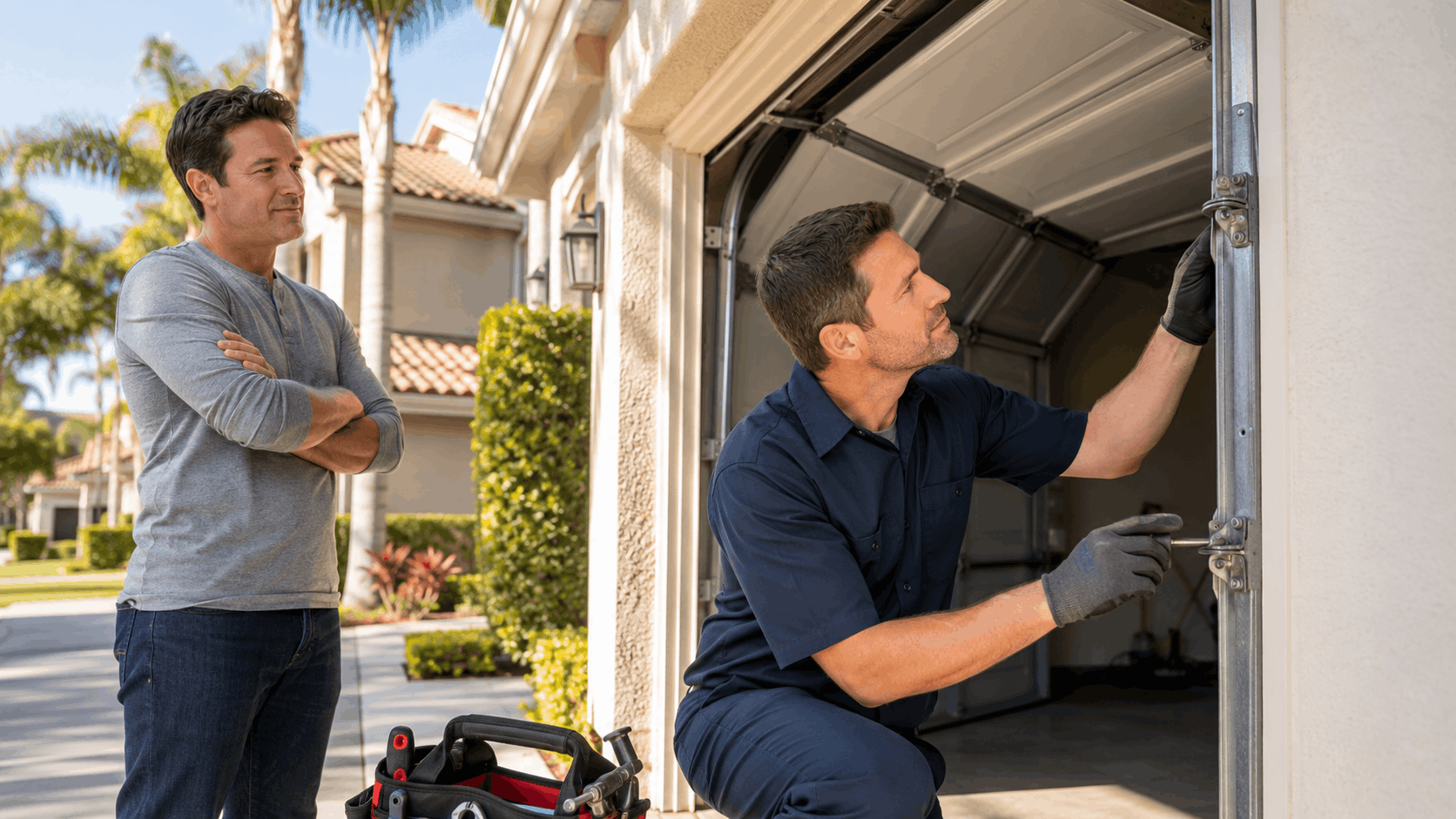 Garage door technician inspecting older opener mechanism while homeowner watches in Irvine