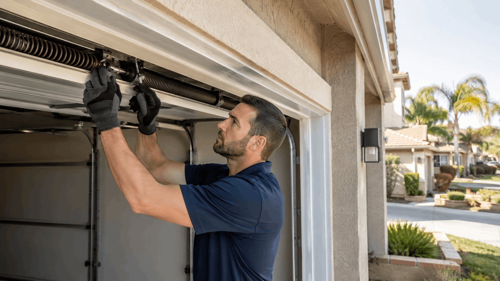 Garage door technician in gloves inspecting torsion spring mechanism in Irvine residential home