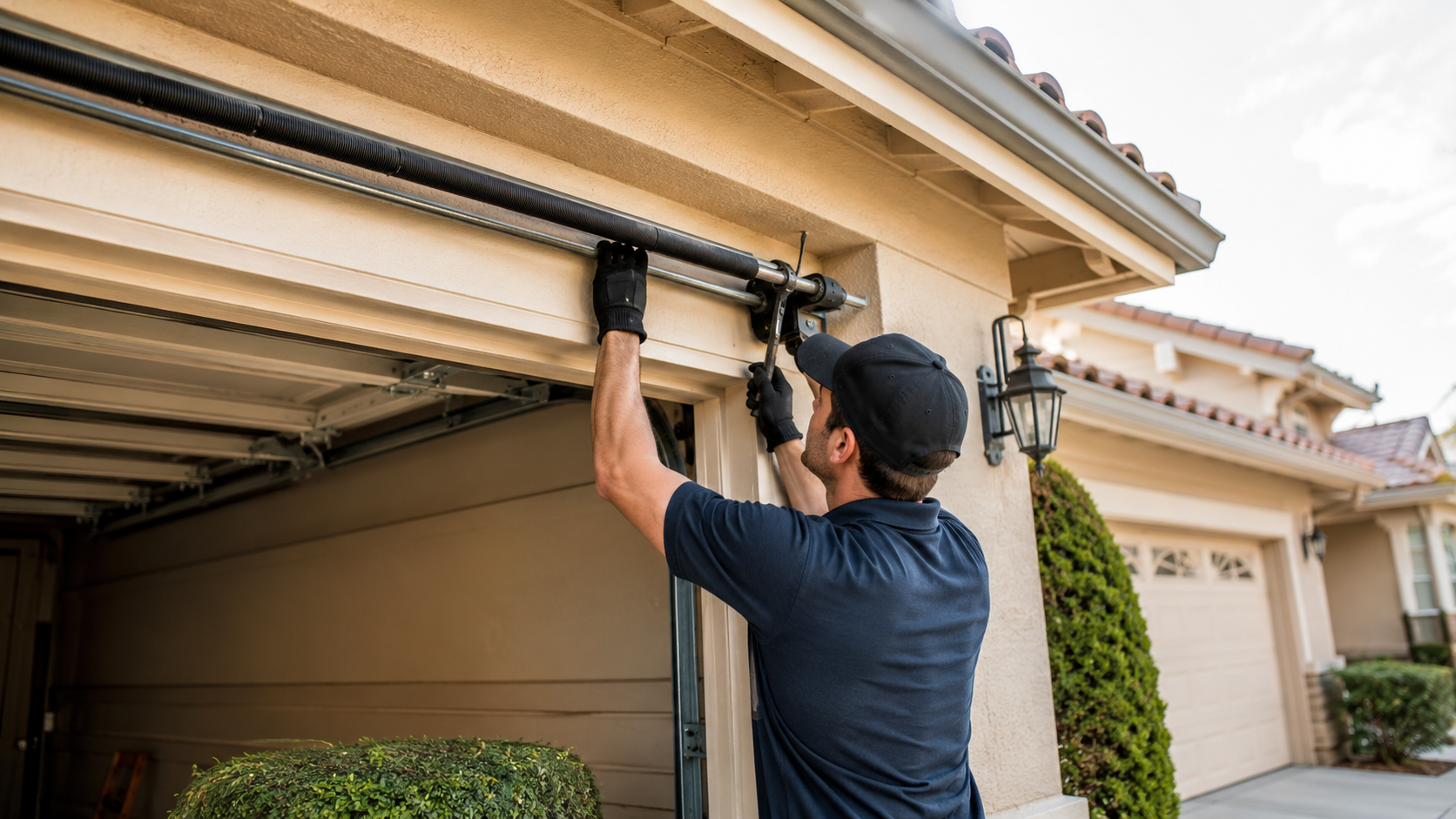 Garage door technician repairing torsion spring system on Aliso Viejo residential home