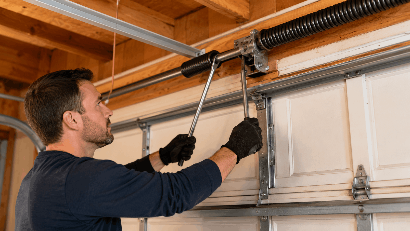 Technician replacing garage door torsion springs with winding bars in Mission Viejo home