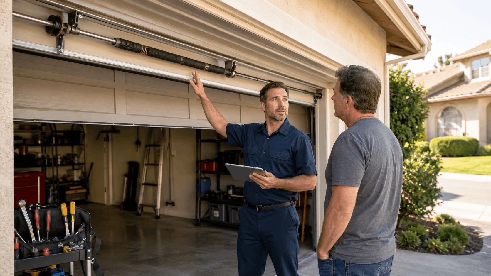 Garage door technician explaining spring replacement process to homeowner in Irvine driveway