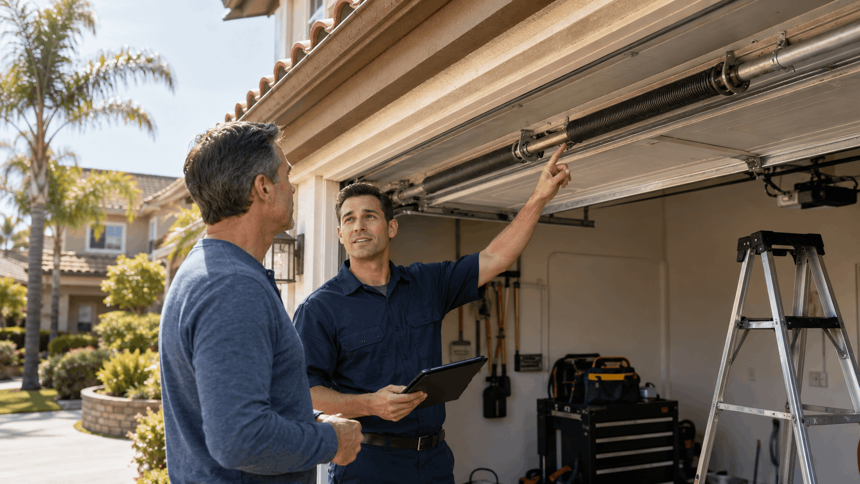 Garage door technician pointing at torsion springs while explaining repair to homeowner