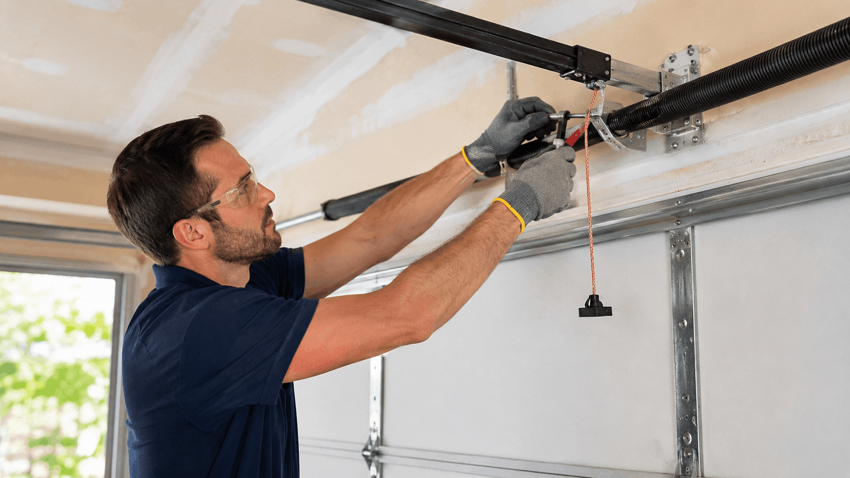 Garage door technician in Irvine adjusting torsion springs with winding bars and gloves