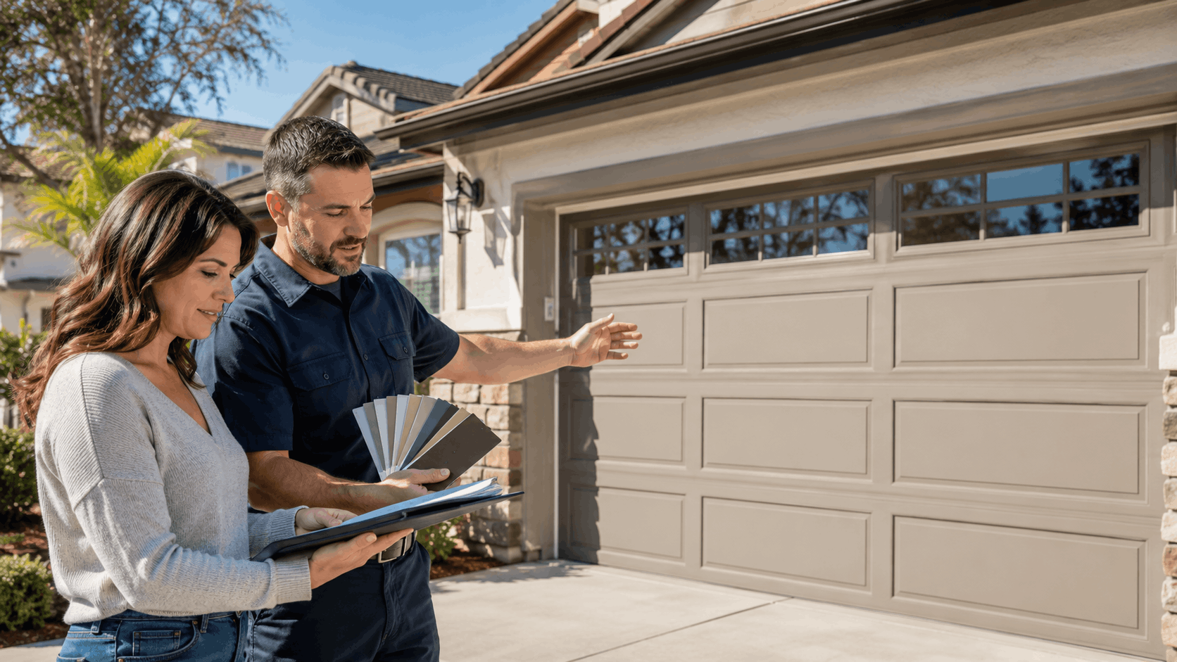 Homeowner and garage door technician reviewing color samples outside HOA community home