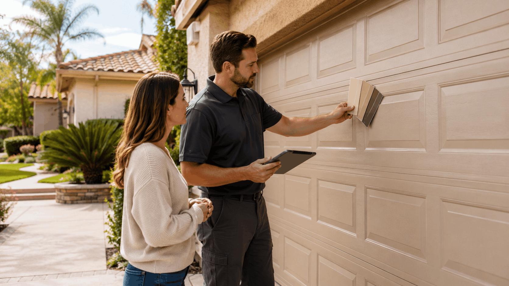 Garage door technician showing color swatches to homeowner for HOA-compliant selection