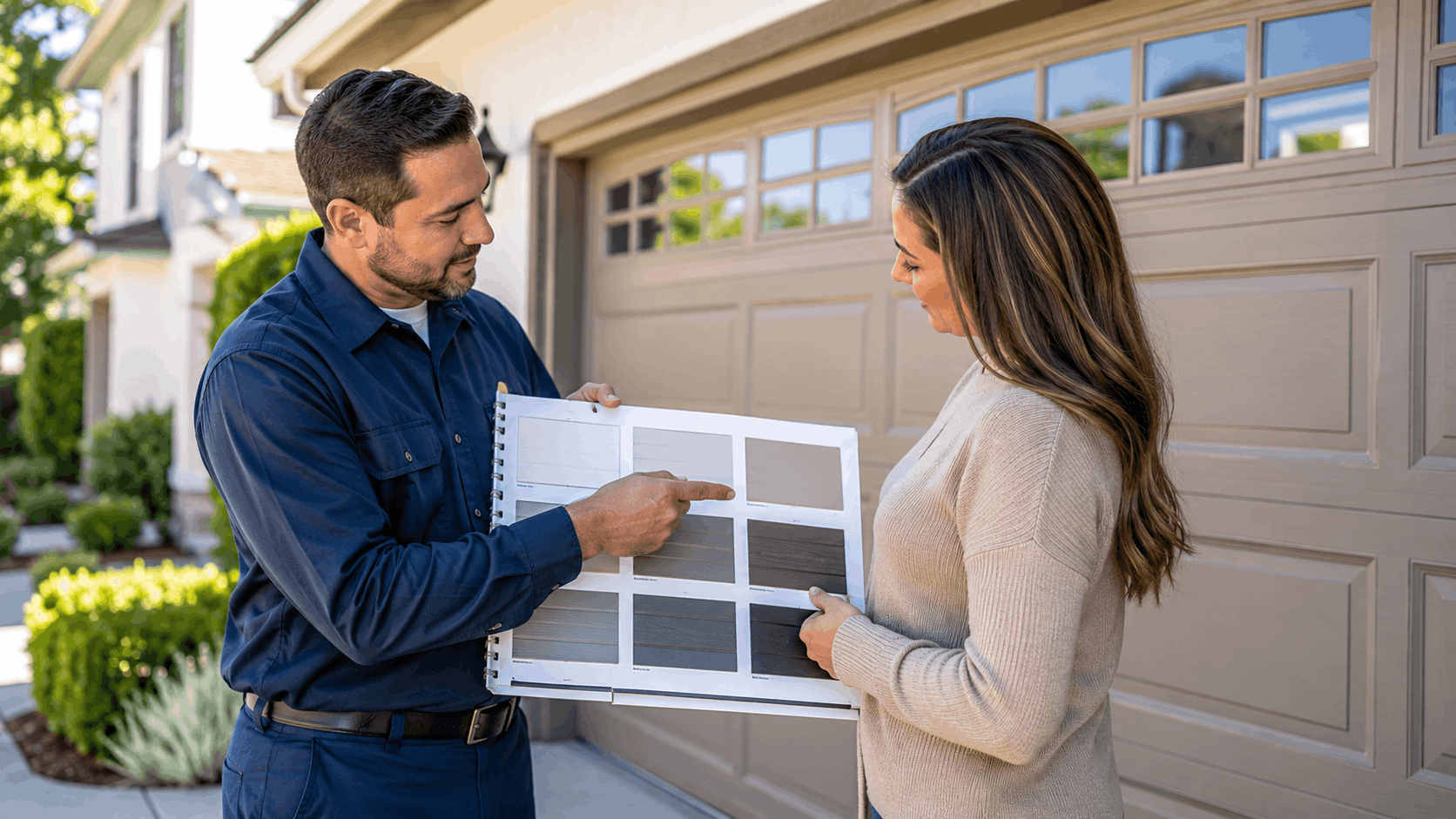 Garage door technician showing color sample book to homeowner outside residential garage