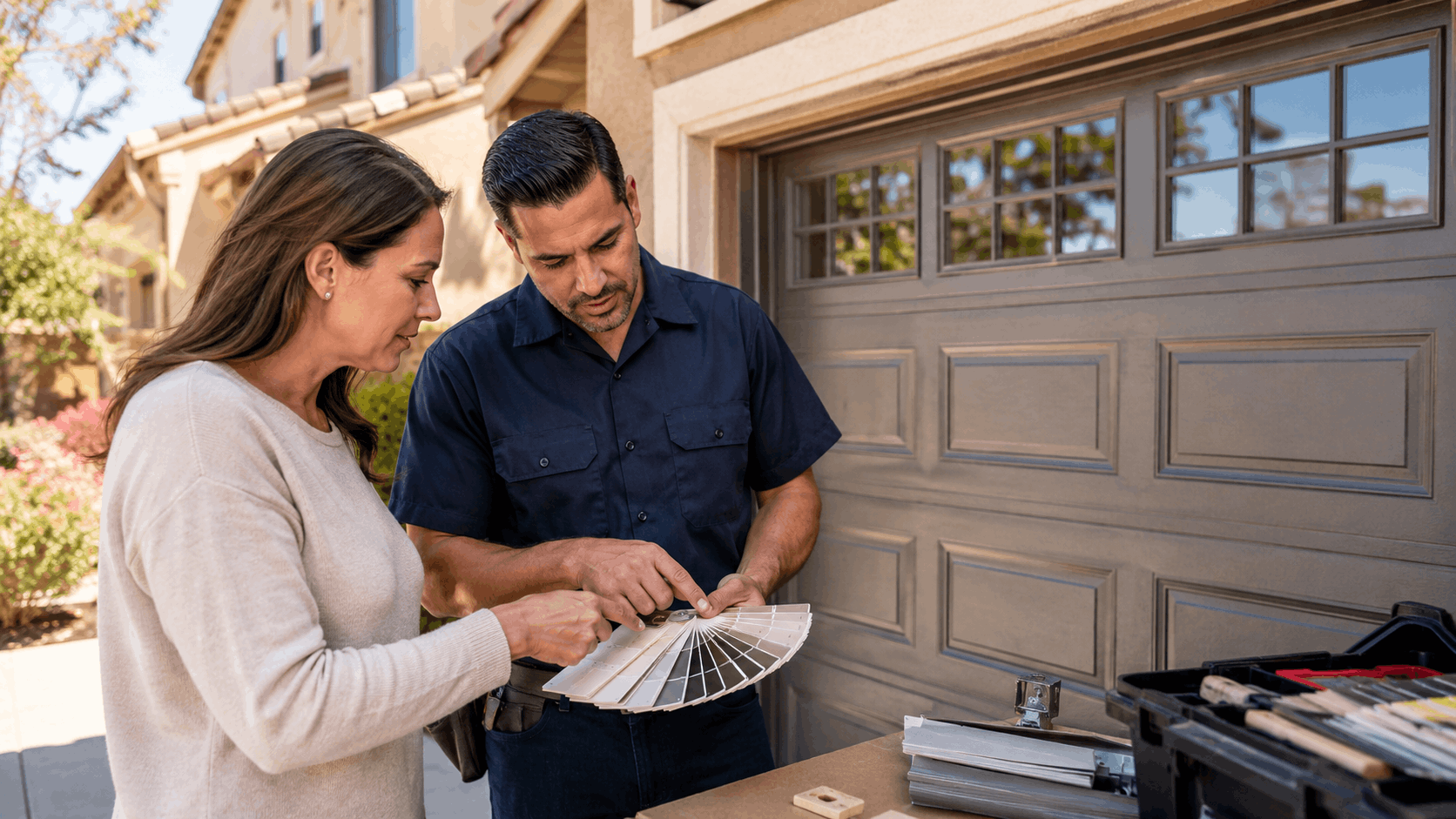 Garage door technician showing color swatches to homeowner for HOA-compliant door selection