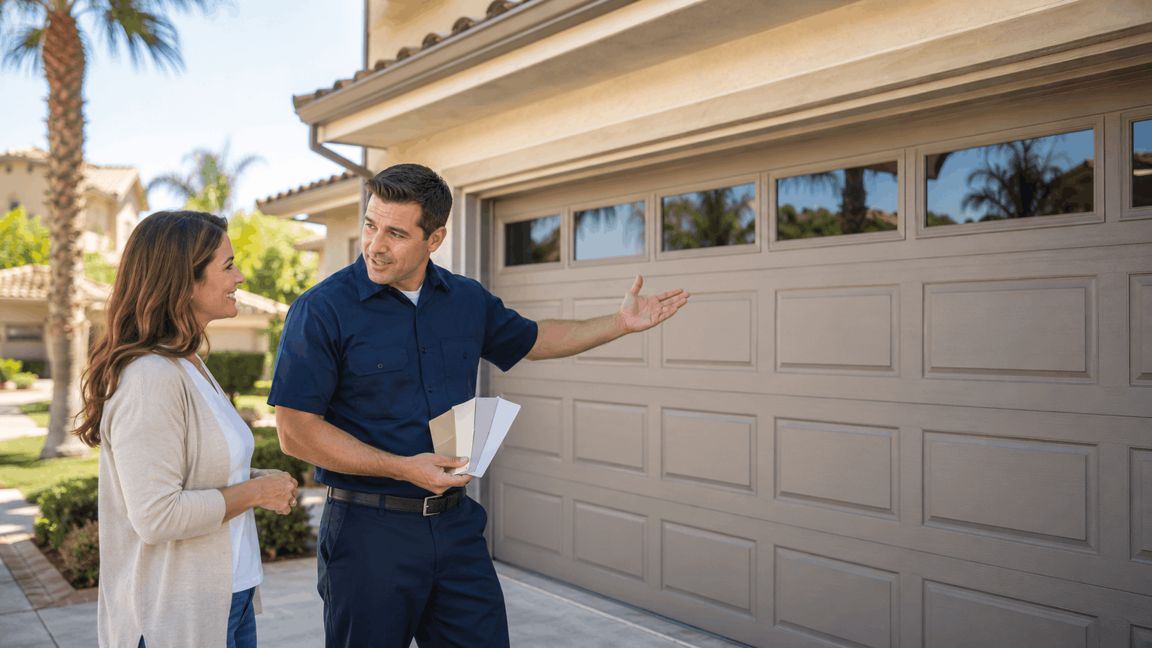 Garage door technician showing color samples to homeowner outside Irvine residential property