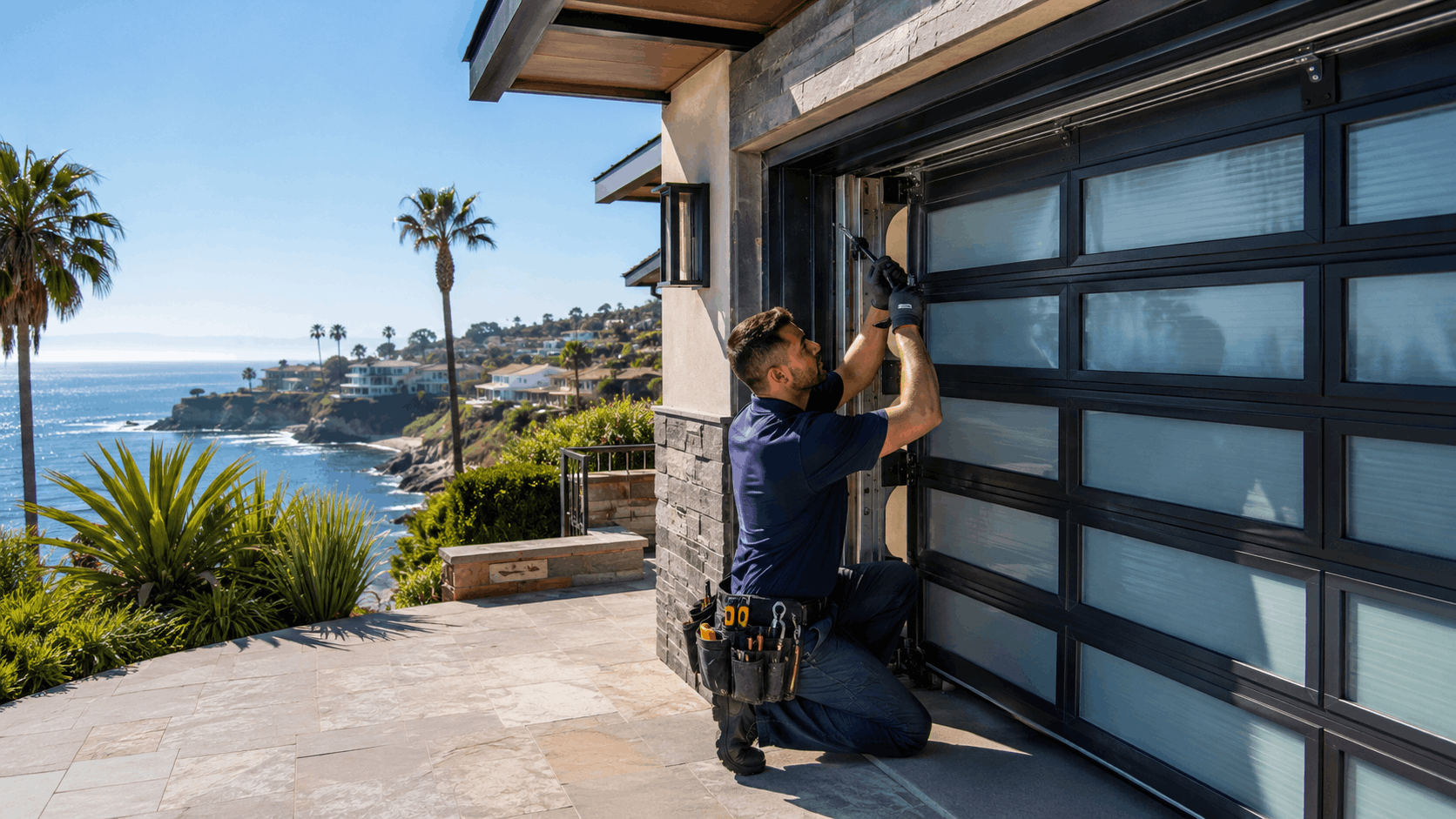 Garage door technician repairing modern glass panel garage door at luxury coastal home