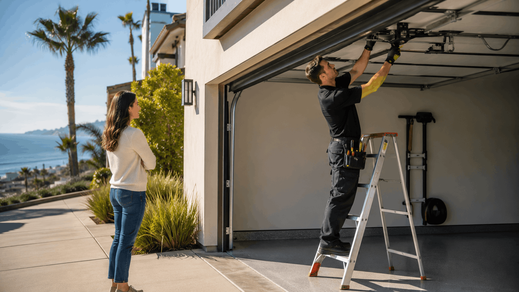 Garage door technician on ladder repairing coastal Laguna Beach home opener mechanism