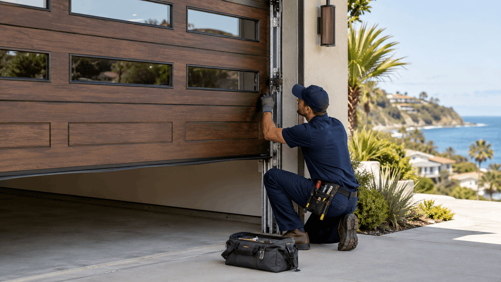 Garage door technician repairing modern wood panel garage door at luxury Irvine coastal home