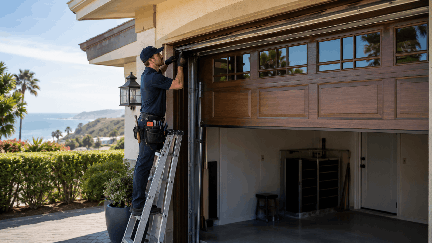 Garage door technician on ladder repairing wooden garage door at luxury coastal home