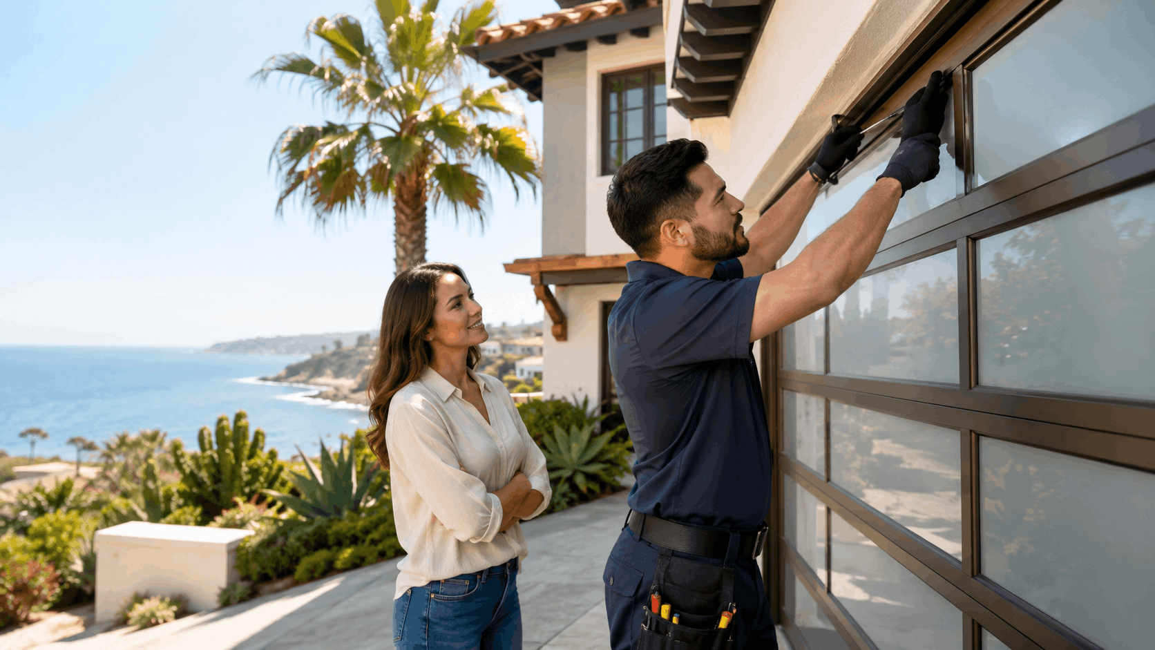 Garage door technician inspecting glass panel door at luxury Irvine coastal home