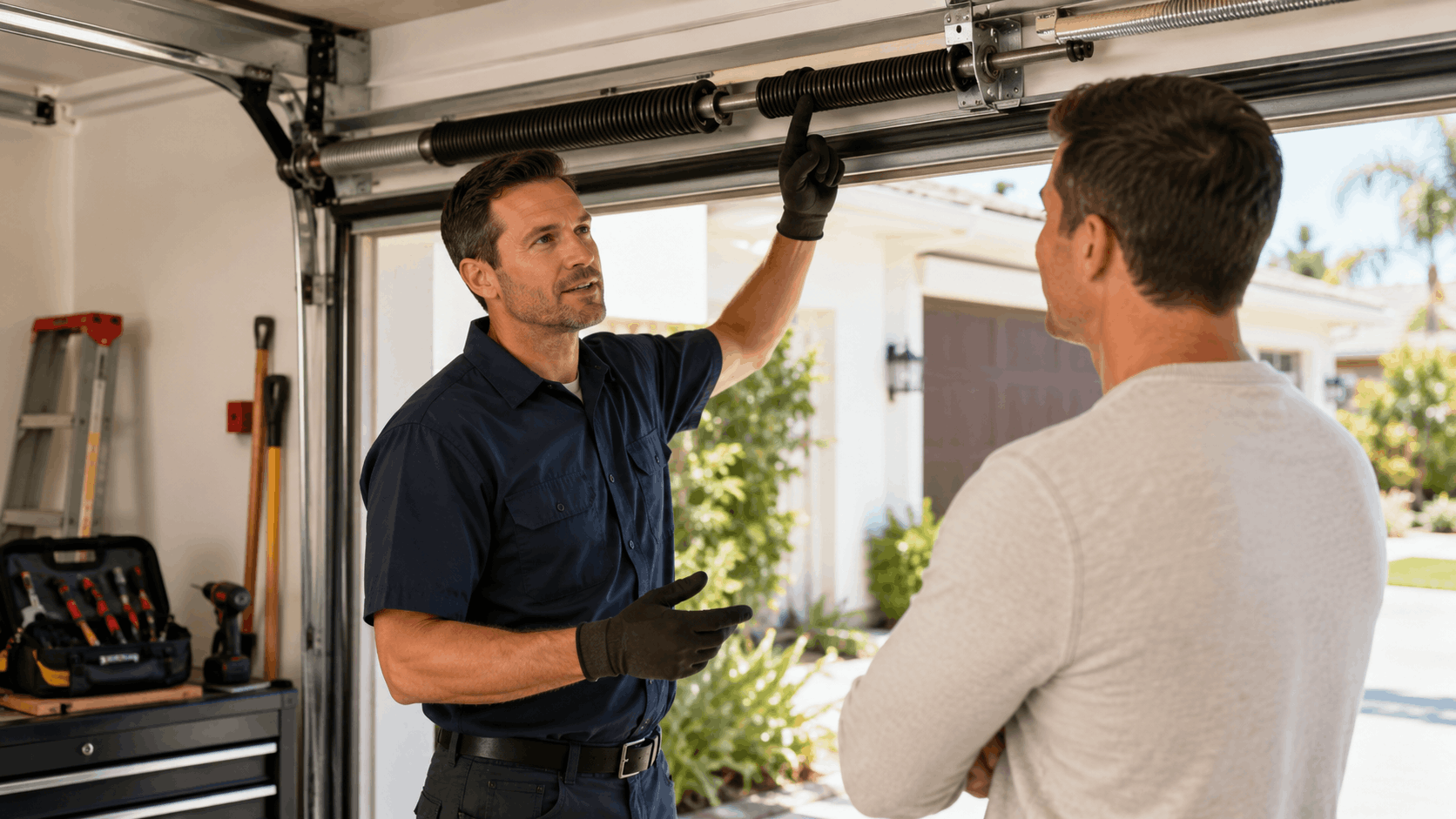 Garage door technician explaining broken torsion spring repair to Irvine homeowner