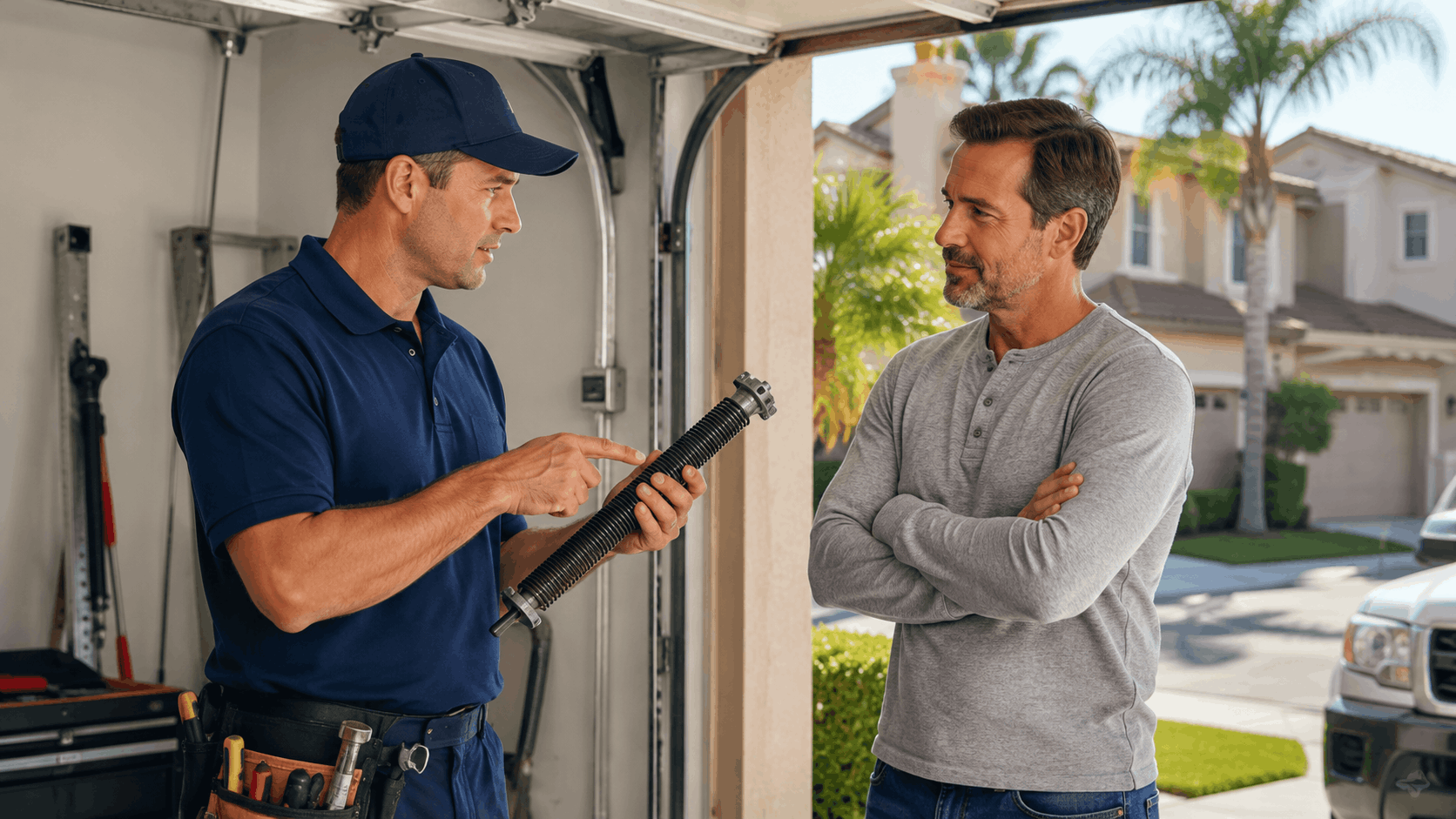 Garage door technician showing broken spring to homeowner during repair consultation