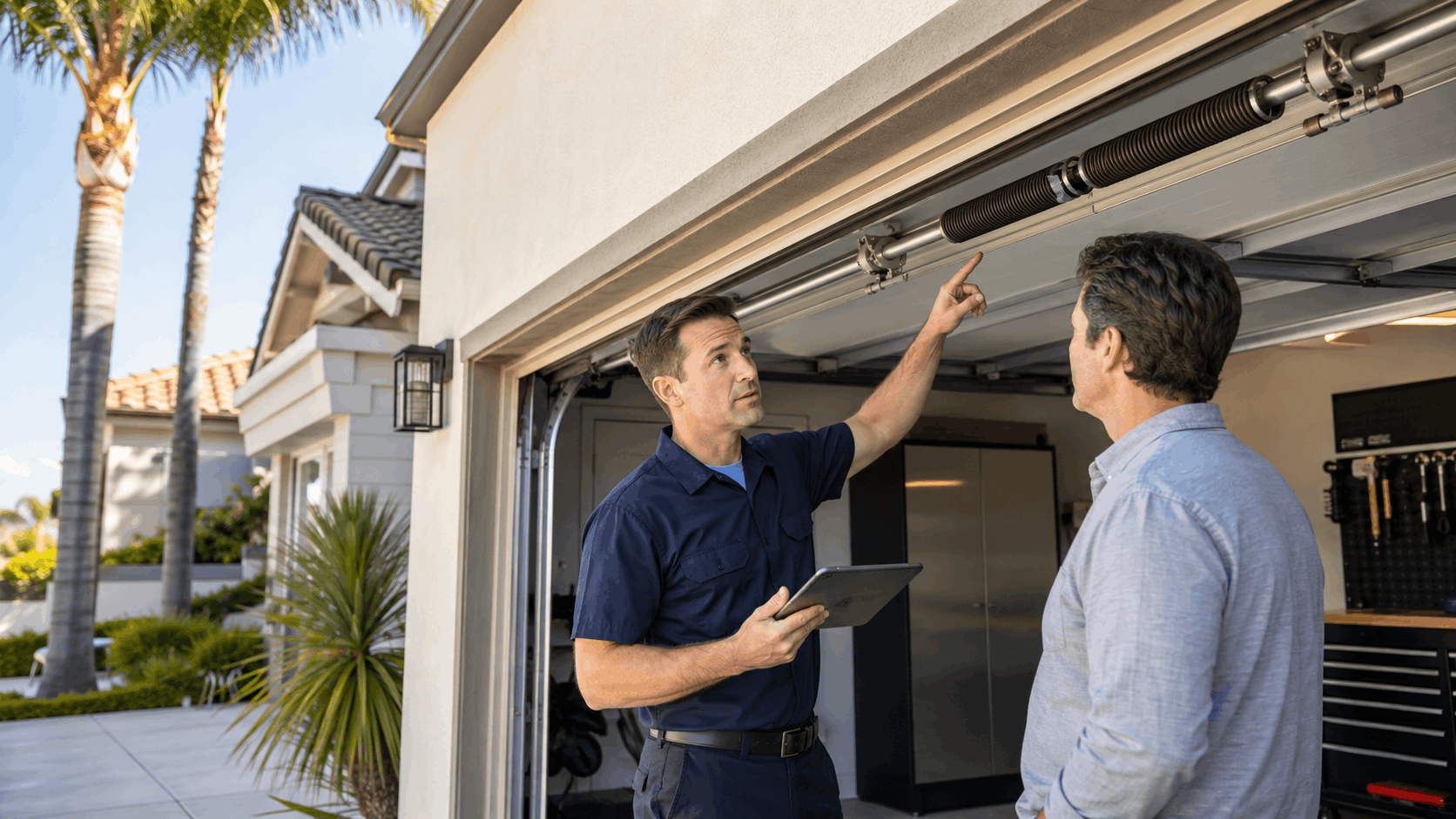 Garage door technician pointing at torsion springs while explaining repair quote to homeowner