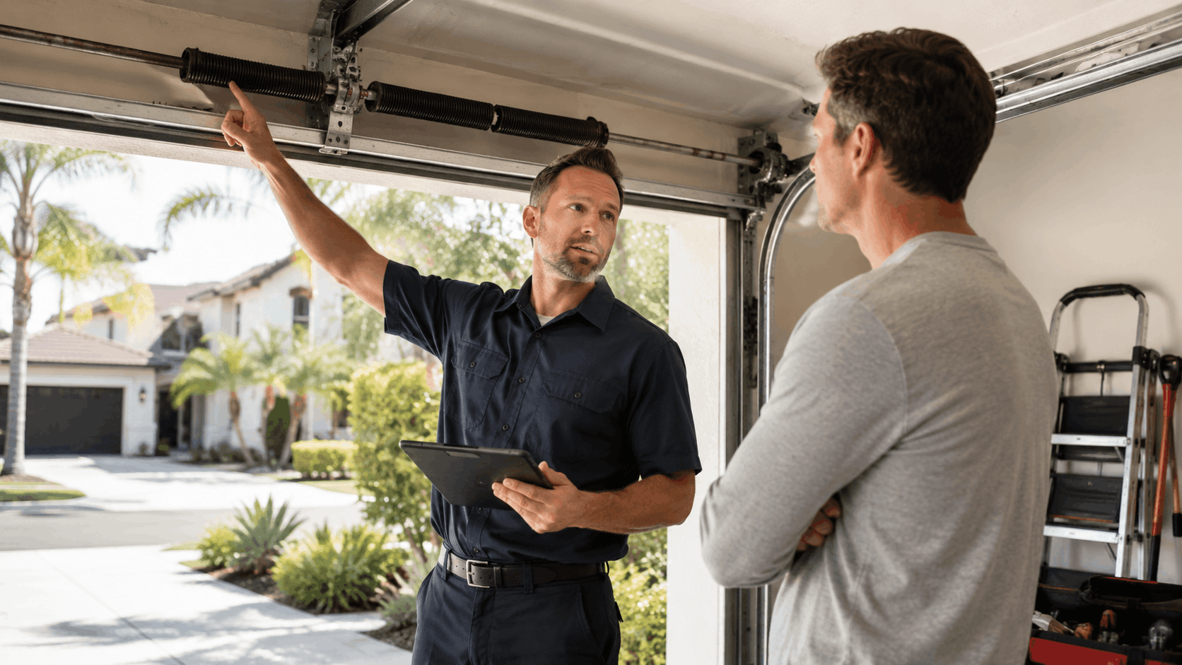 Garage door technician explaining torsion spring mechanism to homeowner in Irvine