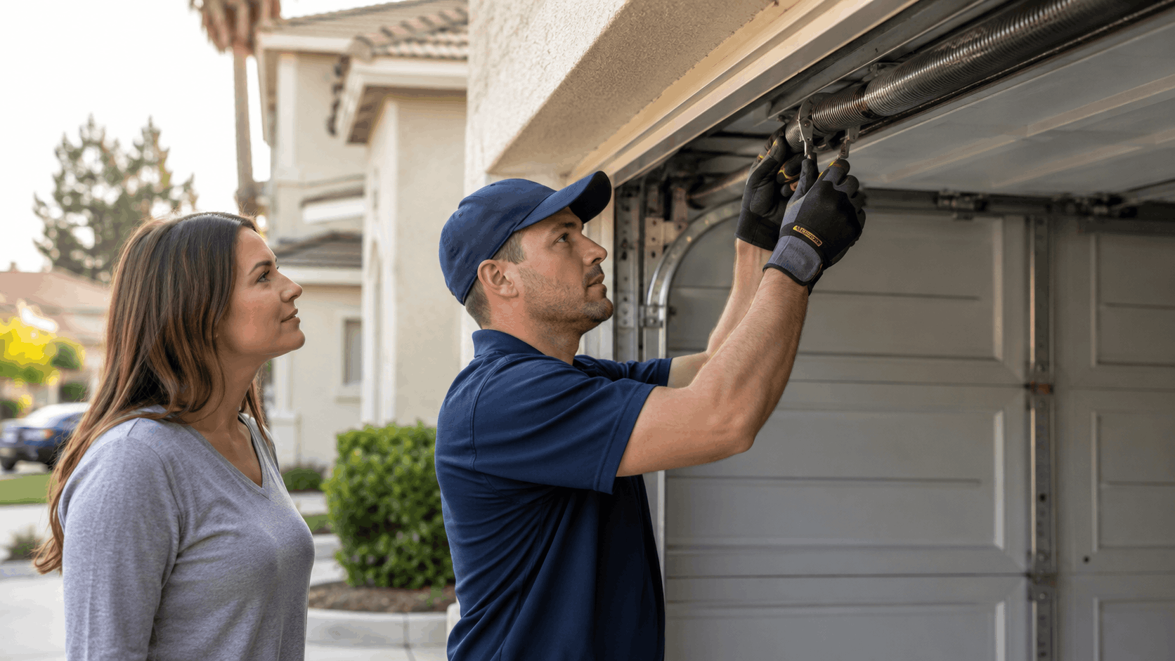 Garage door technician replacing torsion spring while Irvine homeowner watches repair