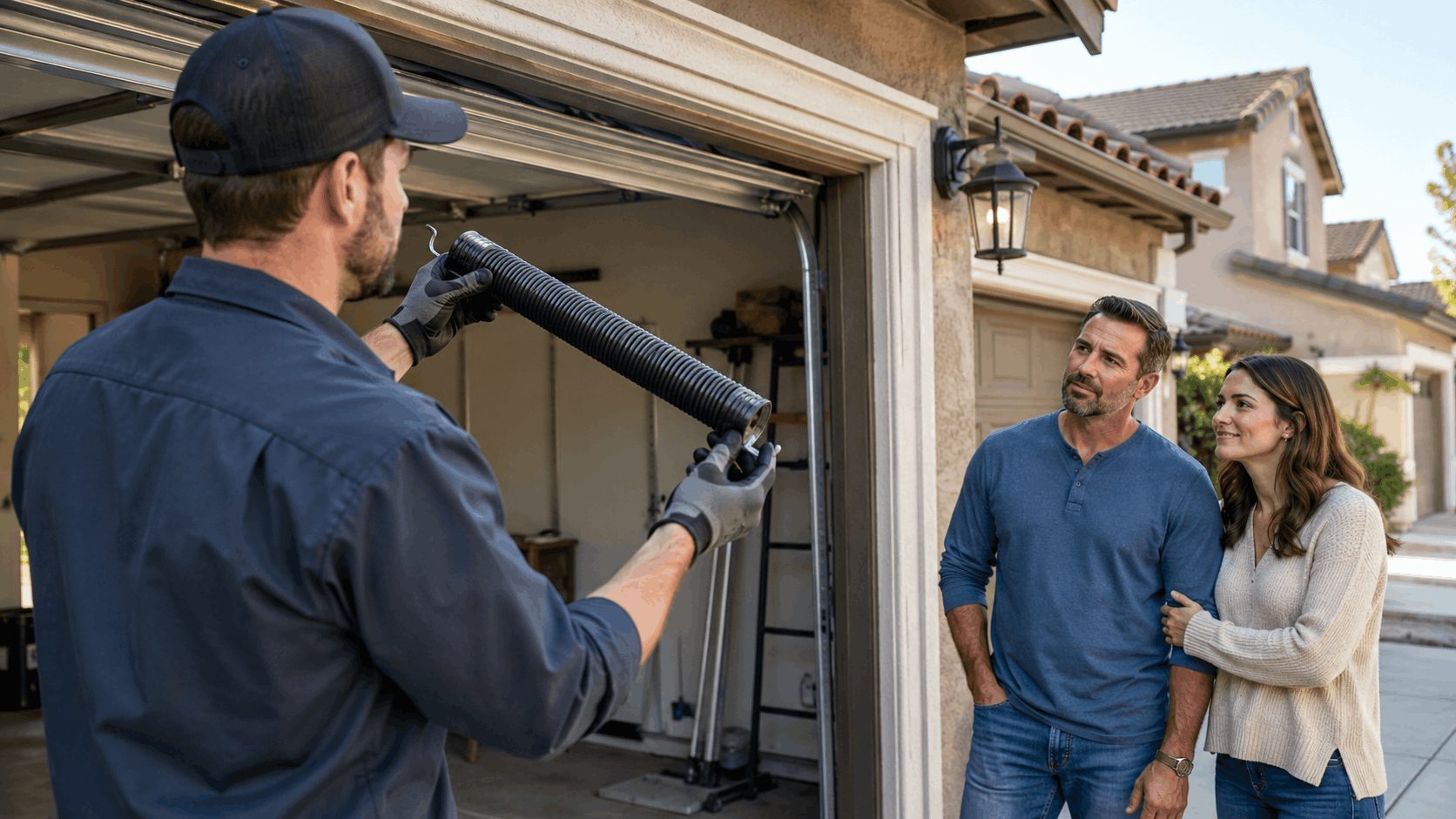 Garage door technician showing broken torsion spring to Irvine homeowners during repair visit