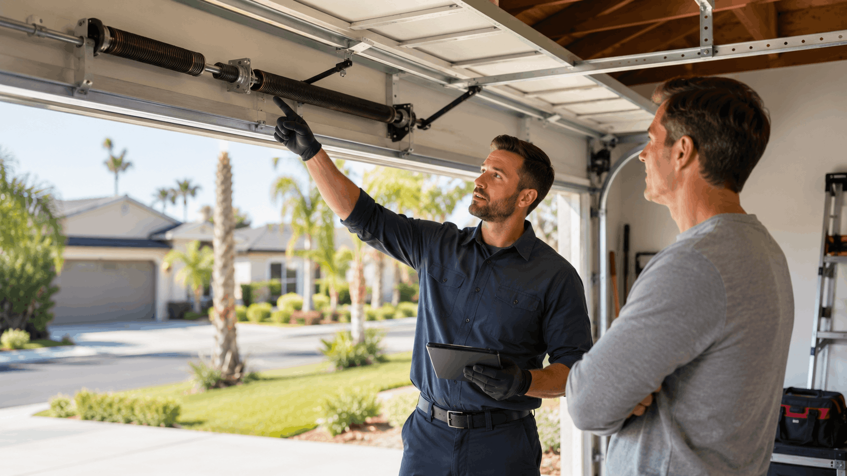 Garage door technician inspecting torsion springs with Irvine homeowner in sunny garage