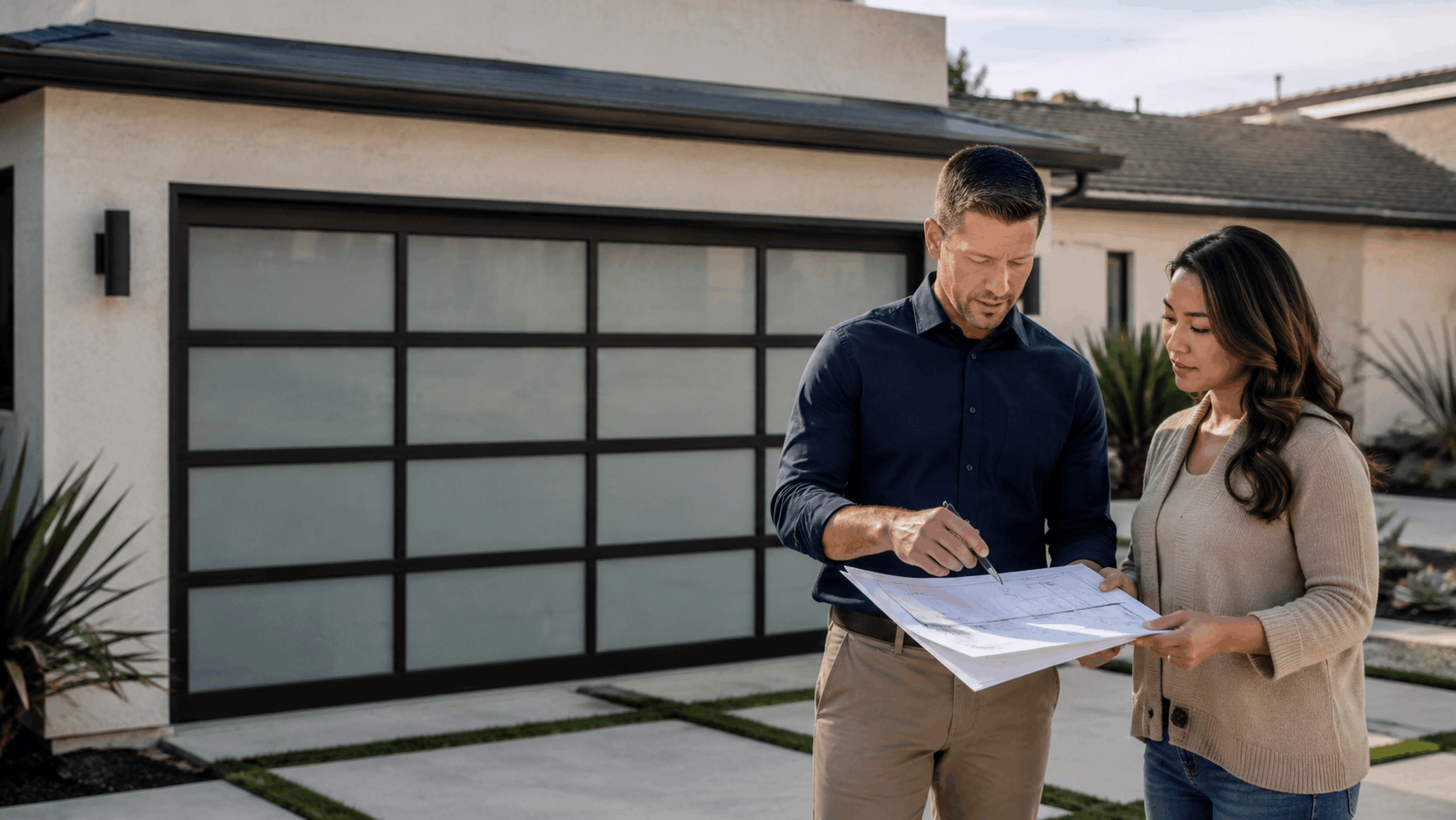 Homeowner and contractor reviewing garage door blueprints outside modern Irvine home