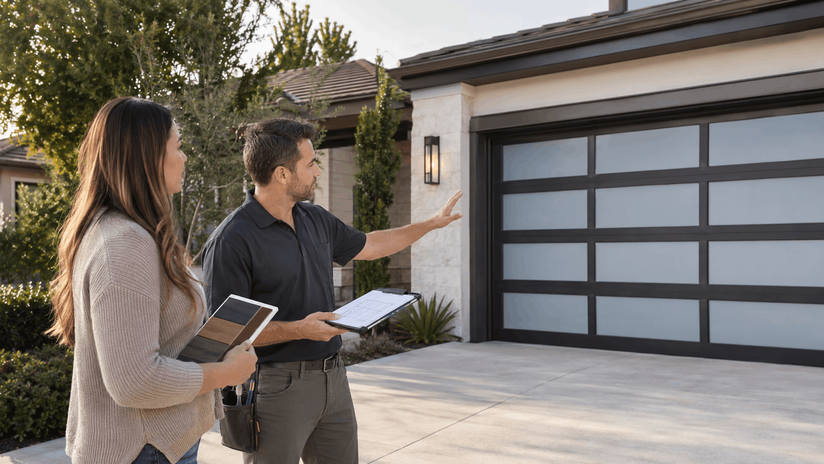Garage door contractor showing homeowner approved color finishes and design options Irvine