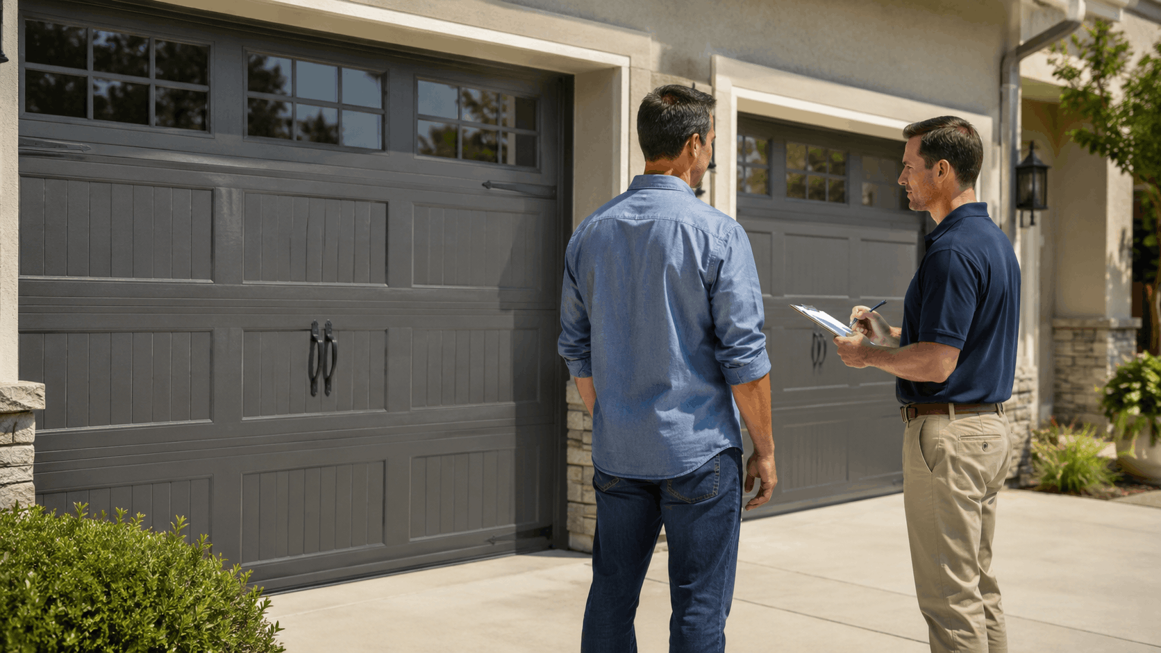 Garage door inspector reviewing application details with Irvine homeowner on driveway