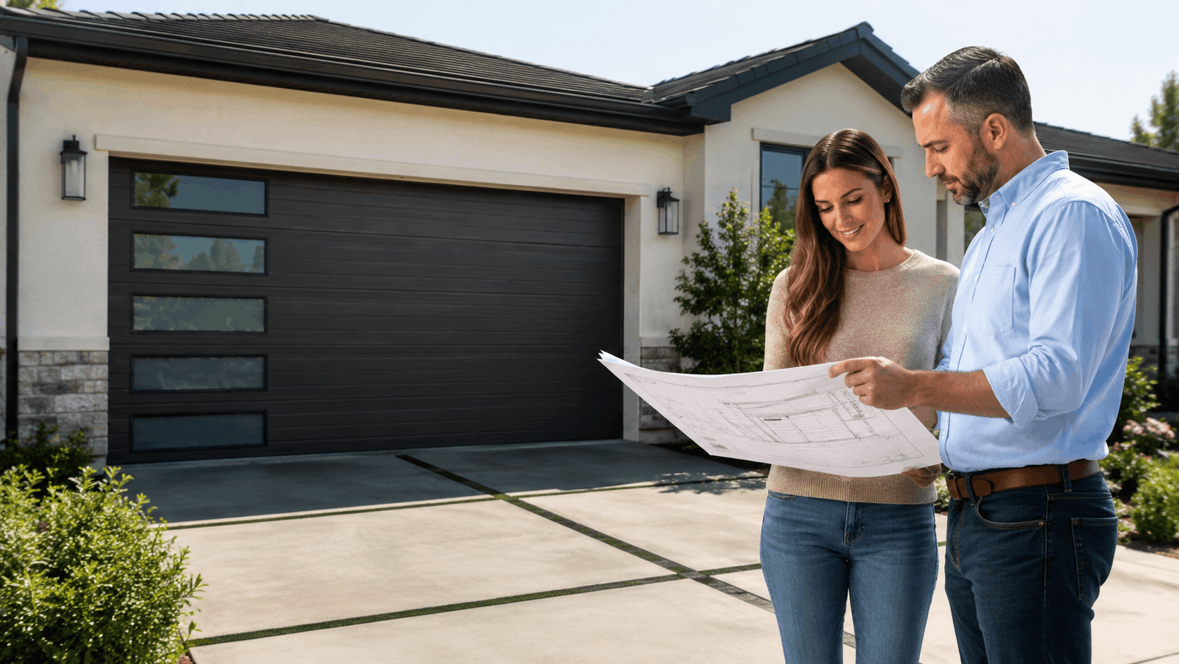 Irvine homeowners reviewing garage door approval blueprints in front of modern home