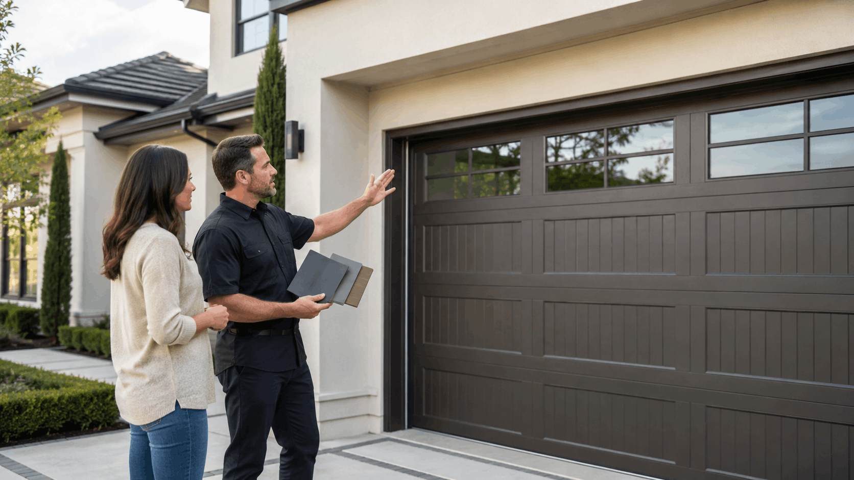 Garage door technician showing color samples to homeowner outside modern Irvine home