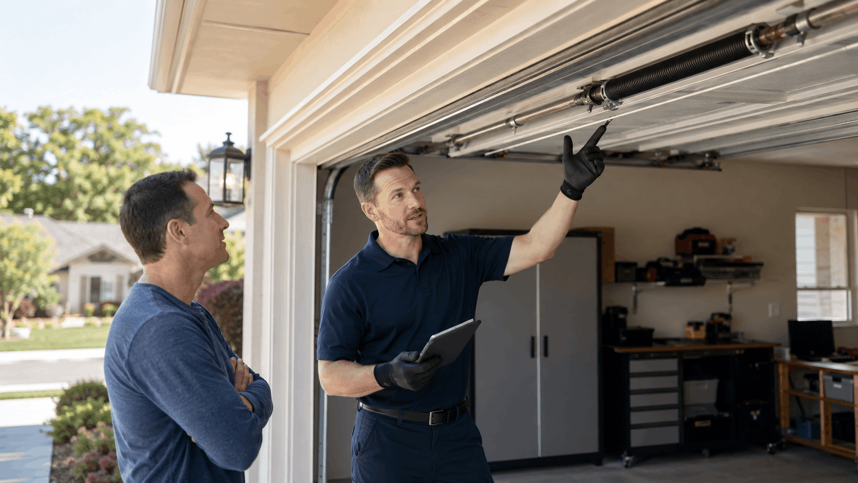 Garage door technician inspecting torsion spring system with Irvine homeowner nearby