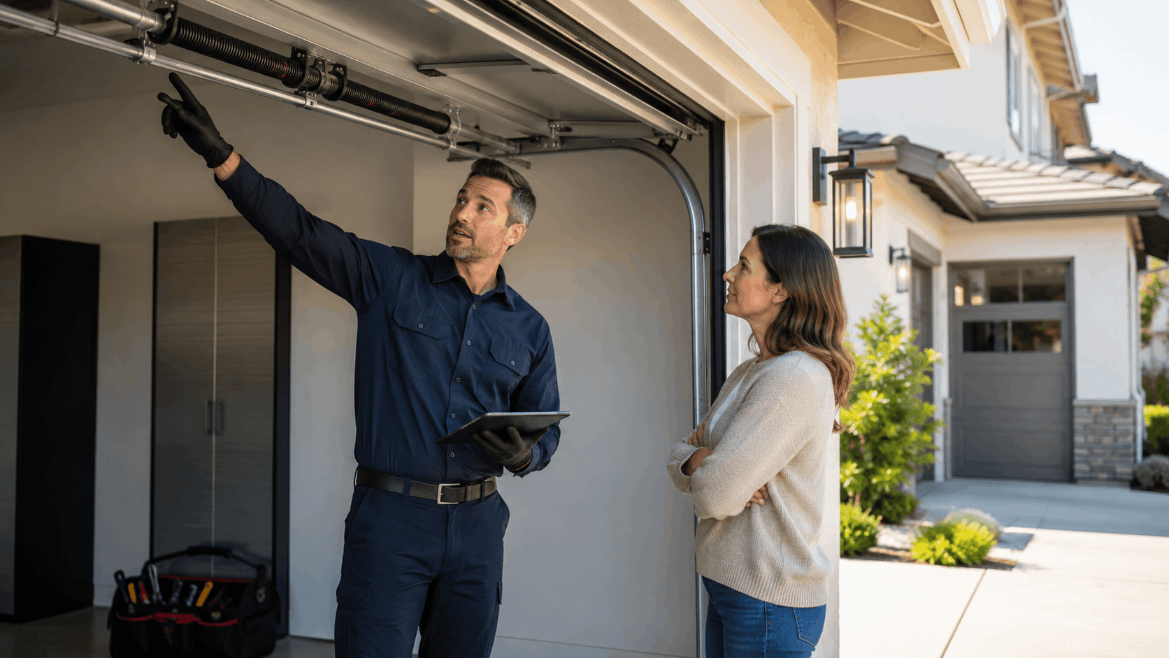 Garage door technician explaining torsion spring system to Irvine homeowner during inspection