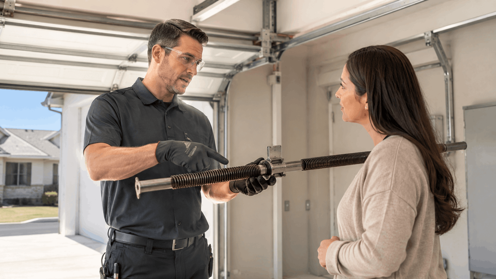 Garage door technician showing broken torsion spring assembly to Irvine homeowner during repair consultation