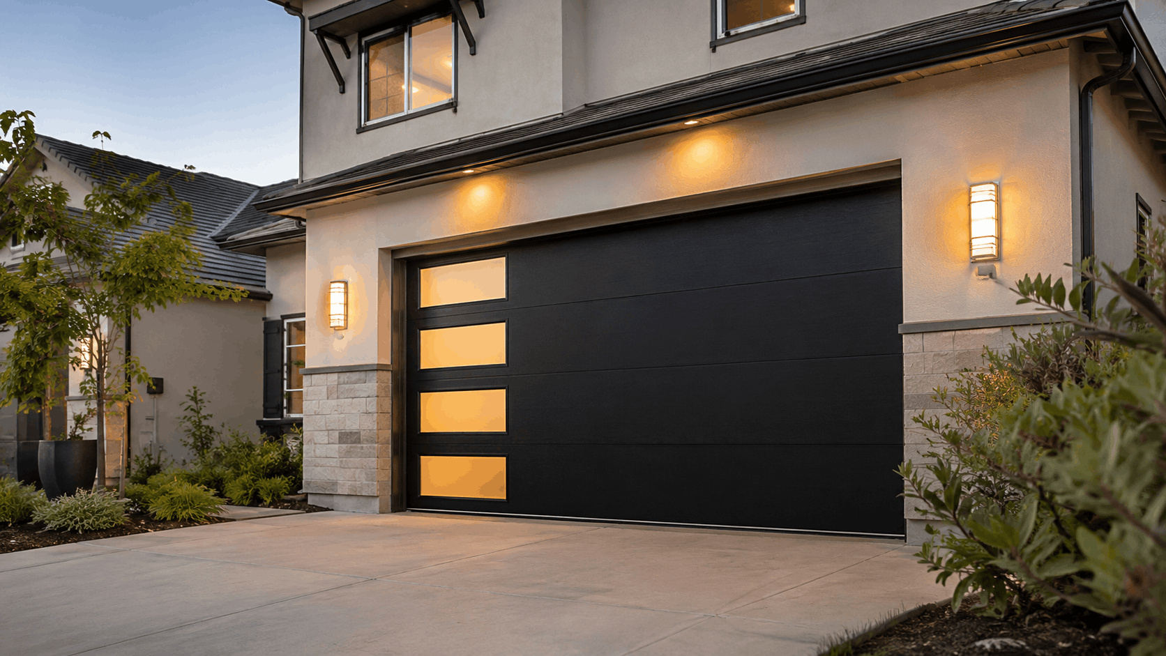 Modern black sectional garage door with glass panels on Irvine luxury home exterior