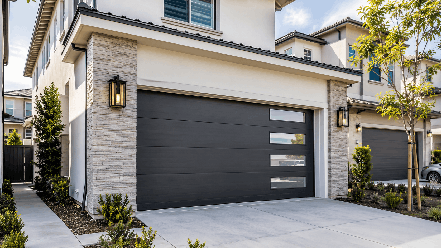 Modern dark charcoal garage door with glass panels on Irvine HOA home
