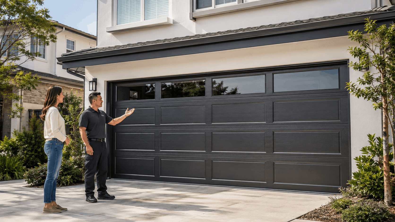 Garage door technician explaining smart opener features to Irvine homeowner outside modern home