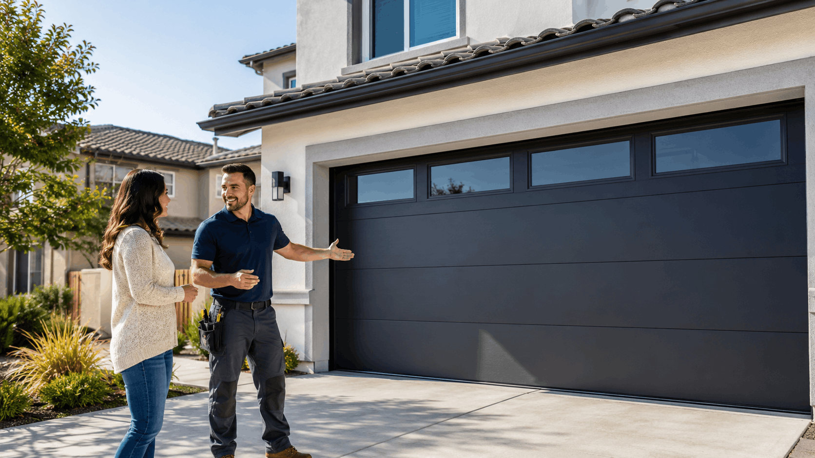 Garage door technician showing homeowner newly installed dark modern garage door Irvine